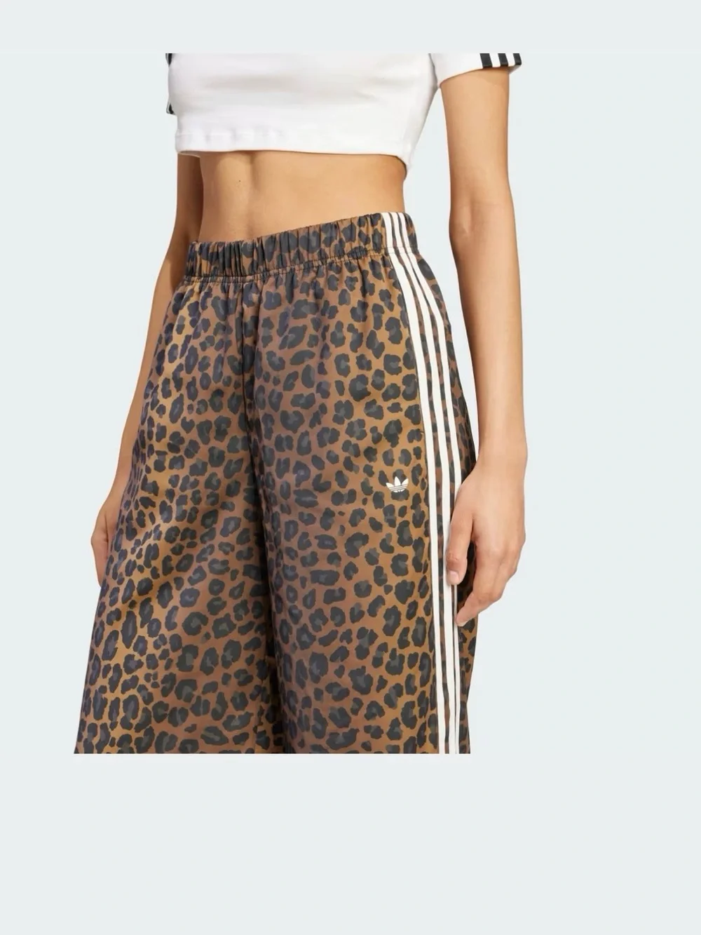 adidas Originals Women's Leopard Print Wide-Leg Satin Pants with White Stripes - Picture 5 of 6